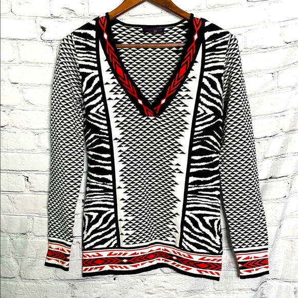 Anthropologie Sweaters - Anthropologie Hale Bob Black White Red Aztec Print V-Neck Sweater Size Medium